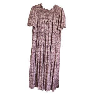 Purple Floral Tiered Midi Dress Sz XL Boho Cottage Maternity Smocking Modest